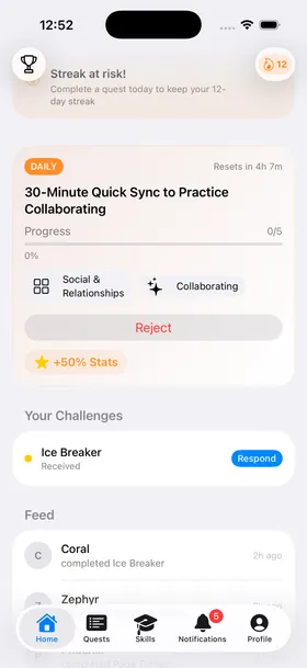 Home screen showing daily quest with bonus stats, active challenges, and social feed