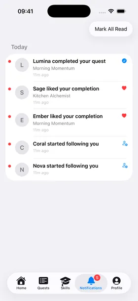 Activity feed with follows, likes, and quest completions from other players