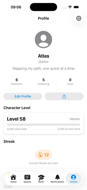 Player profile showing character level 58, stats, and streak