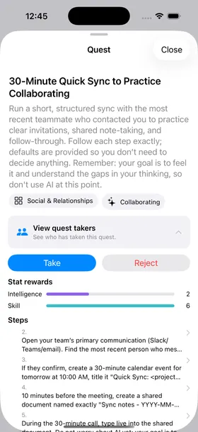 Quest detail view with steps, stat rewards, and quest takers